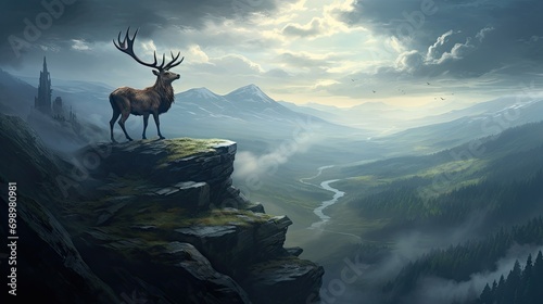 A stoic stag standing on the edge of a misty mountain cliff photo