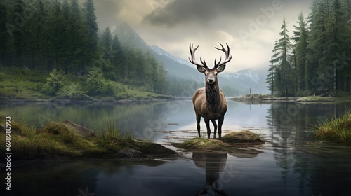 A vigilant stag by a tranquil lakeside in a remote wilderness
