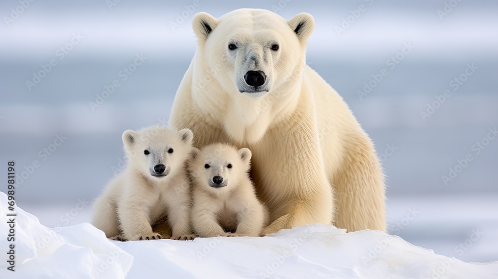 A family of polar bears in the Arctic tundra A family of polar bears in the Arctic tundra