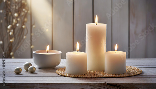 Lit candles with a serene, warm glow, creating a peaceful ambiance, soft color