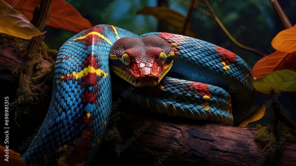 Obraz premium A patterned snake coiled around the branch of a tree in a tropical rainforest