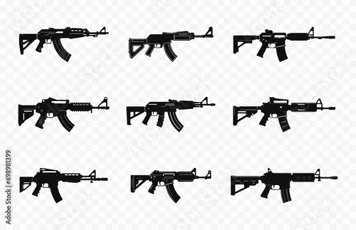Various firearms Weapons black Silhouette Vector art Set, Machine Gun silhouettes Clipart Bundle photo