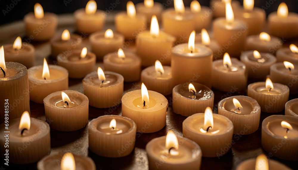 A close-up of multiple lit candles glowing in the dark