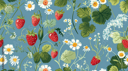 A delightful arrangement of sweet strawberries and delicate daisies creates a charmingly playful pattern, evoking feelings of summertime bliss and natural beauty