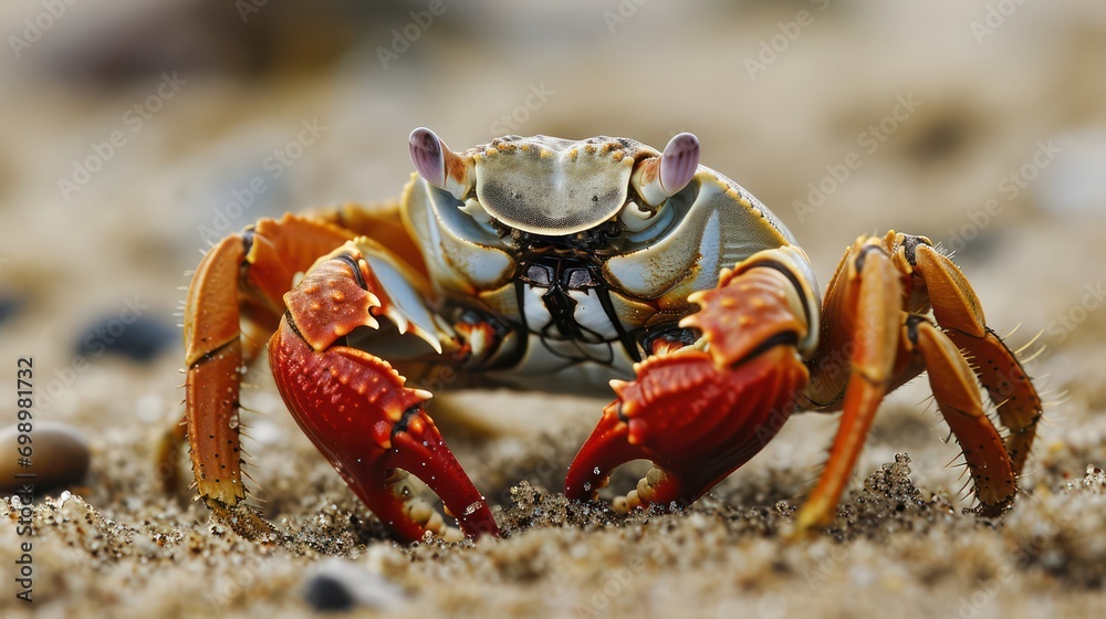 A beautiful crab captured in a close-up photo on the beach.
