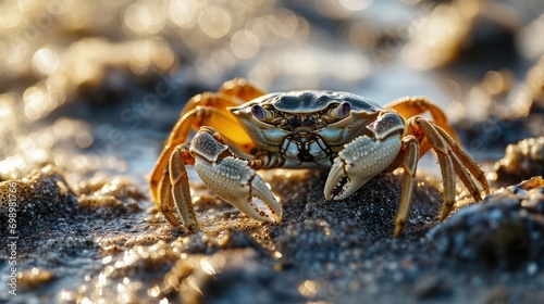 A beautiful crab captured in a close-up photo on the beach.
