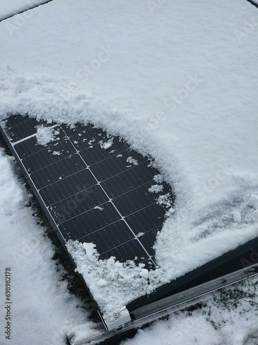 Renewable energy solar PV panels covered with white snow.