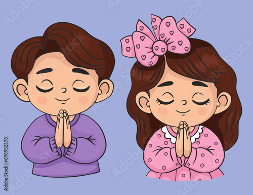 Praying children set. Cute girl and boy with folded hands in prayer. Vector illustration. Isolated color drawings religious believer child character. Kids collection.