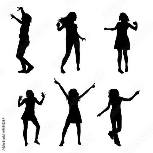 Silhouette group of people dancing. Some slim female people in dance pose.