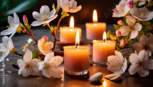 Lit candles amidst blooming white flowers  evoking a serene and mystical ambiance