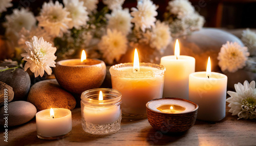 A serene setting of lit candles surrounded by delicate white flowers  ideal for relaxation and decor themes