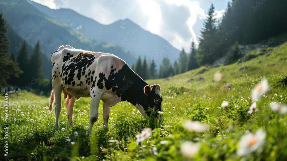 Mountain pastures where dairy cows leisurely graze.
 - obrazy, fototapety, plakaty 