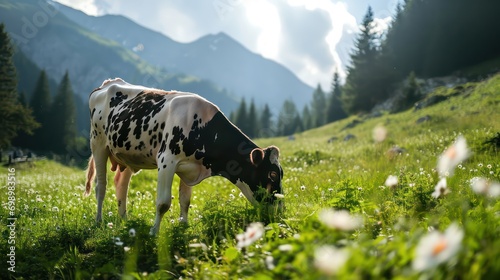 Mountain pastures where dairy cows leisurely graze.
