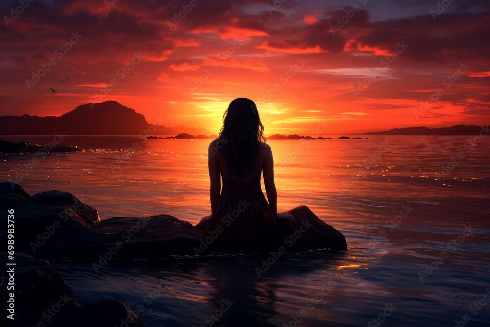Wistful Lonely girl sunset. Female sad ocean. Generate Ai