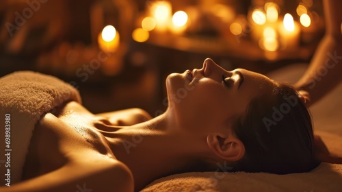 Captivating image of a young woman savoring a massage at a spa salon, embodying relaxation and tranquility.