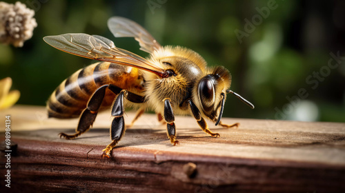 Close up of bee (Apis Mellifera), European or Western honey bee sitting on wooden beehive 