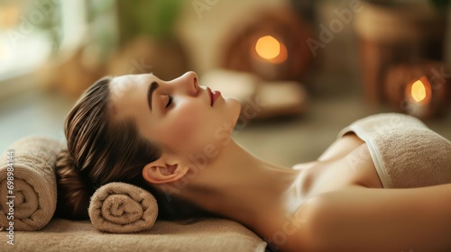 Image of a beautiful young woman enjoying a massage in a spa setting, radiating relaxation and comfort.