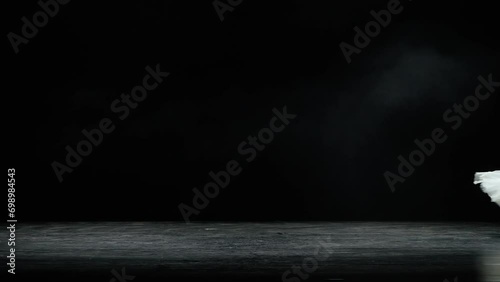 Graceful ballerina in a white tutu dance and perform dramatic choreographic elements on a black background, windy and beautiful dance. photo