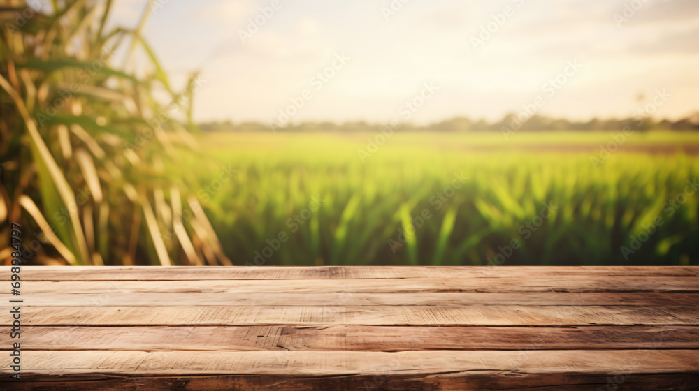 The empty wooden brown table top with blur background - obrazy, fototapety, plakaty 