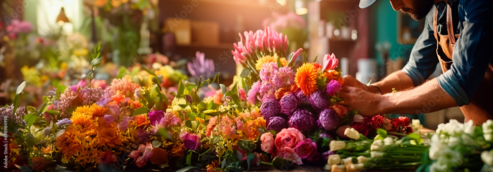 Close-up of florist's hands at work, making colorful bouquet compositions from fresh flowers on background of various flowers,Rose,Lily,Tulip in warm sunligh. floristics. A gift. Banner. Copy space - obrazy, fototapety, plakaty 