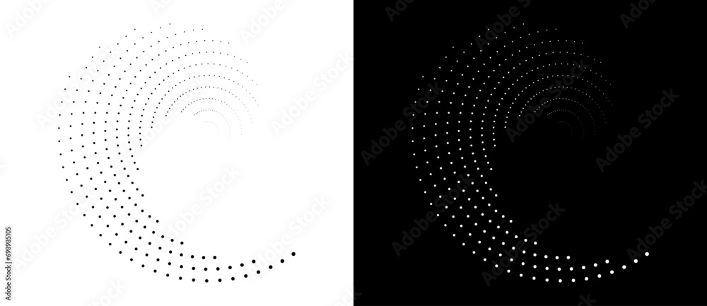 Modern abstract background. Halftone dots in circle form. Round logo, design element or icon. Vector dotted frame. A black figure on a white background and an equally white figure on the black side. - obrazy, fototapety, plakaty 