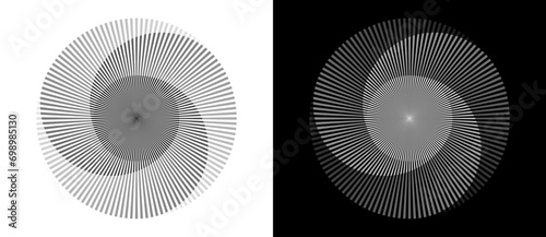 Lines in circle abstract background. Dynamic transition illusion. Black shape on a white background and the same white shape on the black side.