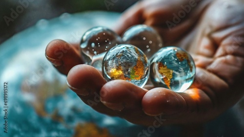 close up a person holding a glass marble balls in the earth map, close up of hand holding a stone photo