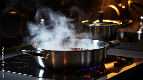 White boiling pot with hot steam