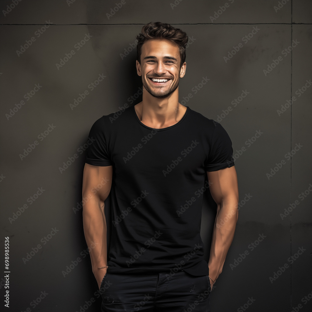 A male model with a black t-shirt mockup, smiling, muscular body A male model with a black t-shirt mockup, smiling, muscular body