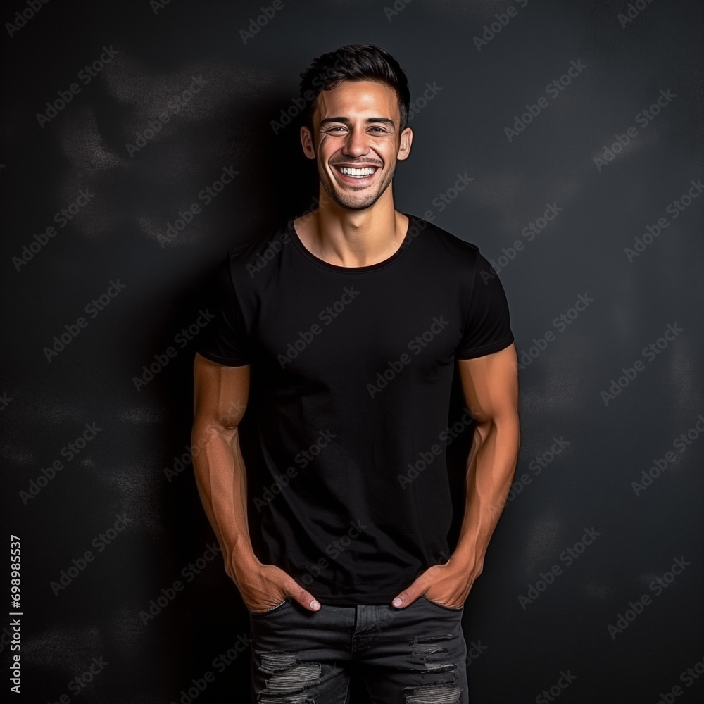 A male model with a black t-shirt mockup, smiling, muscular body