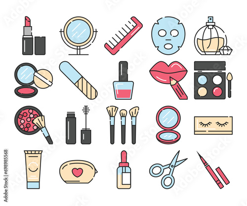 Set of beauty products icons vector isolated. Pictograms of different cosmetic and makeup tools. Mascara, powder, lipstick and nail polish.