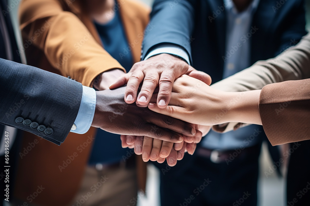 Top view of diverse people hands holding together in circle hands stack Top view of diverse people hands holding together in circle hands stack