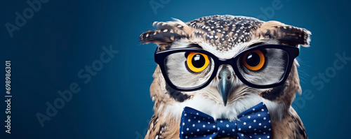 Portrait of surprised focused owl wearing a dark blue bow tie humorous anthropomorphic look on blue background. Educational Materials. School, learning. Wildlife conservation. Notebook cover. Banner