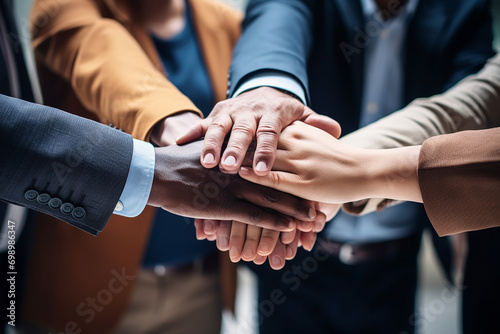 Top view of diverse people hands holding together in circle hands stack