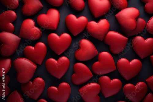 Red heart shapes on dark background, representing love and Valentine's Day celebration