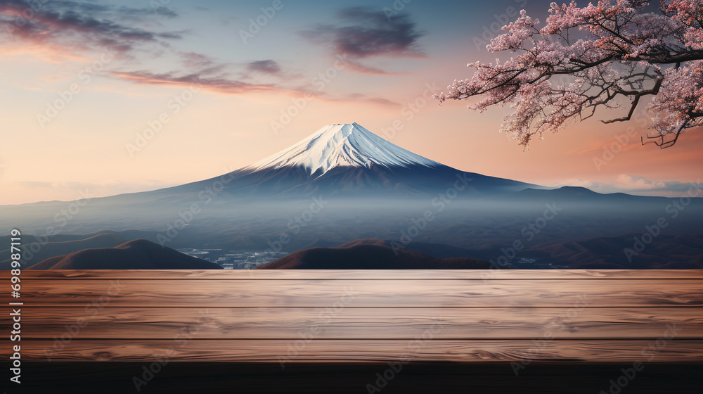 Wooden table for product display and Mount Fuji evening background. Ai generate.