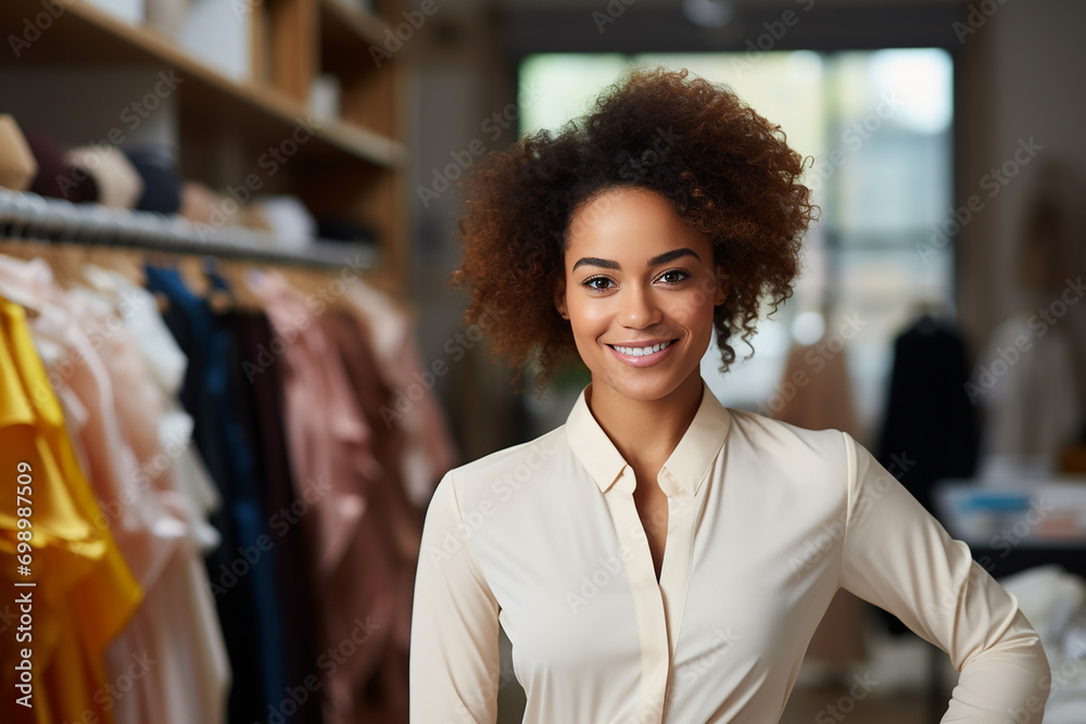 Fototapeta premium Portrait of successful and happy businesswoman, office worker smiling and looking at camera, working inside modern office.
