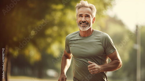 A middle-aged man jogging in the park, he is a person with a good quality of life. Ai generate.