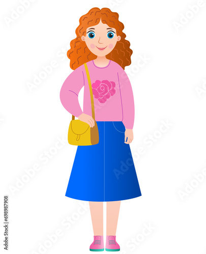 Cartoon young girl in the pink sweatshirt and blue skirt.