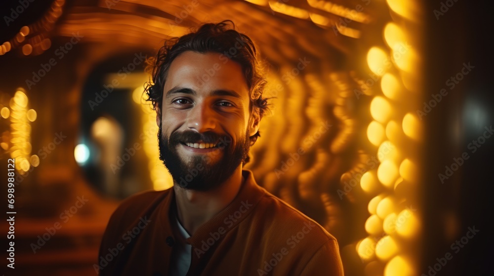 Young bearded man on golden background standing smiling looking at camera. Neon lights