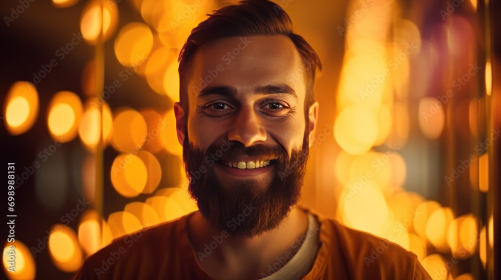 Young bearded man on golden background standing smiling looking at camera. Neon lights Young bearded man on golden background standing smiling looking at camera. Neon lights