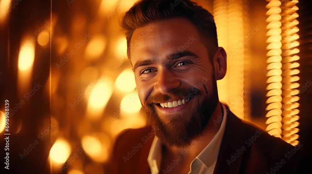 Young bearded man on golden background standing smiling looking at camera. Neon lights Young bearded man on golden background standing smiling looking at camera. Neon lights