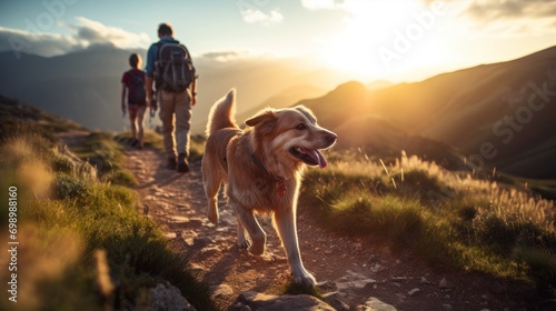 Adopted dog leads two hikers on a mountain trail at sunset