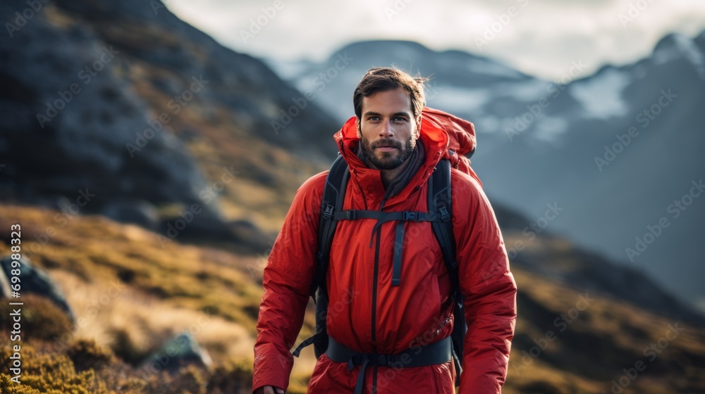 Backpackers wearing warm red jackets trek over rugged terrain.