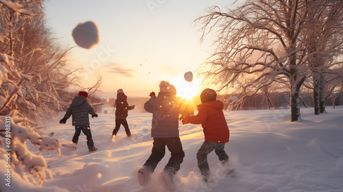 Group of children doing snowball fight, having fun outdoors in winter countryside with trees and surface covered with snow, setting sun in the background. photo