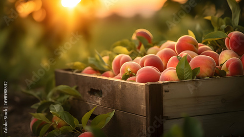 Peaches harvested in a wooden box with orchard and sunset in the background. Natural organic fruit abundance. Agriculture, healthy and natural food concept. Horizontal composition. photo