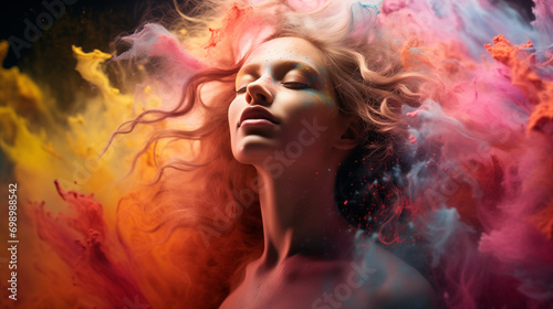 Close-up of young woman amidst an explosion of vivid and vibrant colors . Generative AI