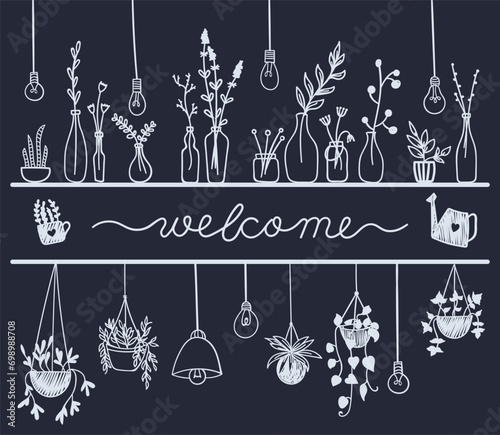 Shelves with flowerpots and handwritten text - welcome. Vector banner