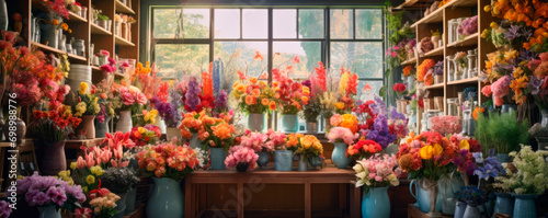 Bouquets of bright colorful delicate flowers in vases stand on a table and shelves in background of flower store. Shop window decoration. Natural ecological plants. A sense of peace and domestic bliss