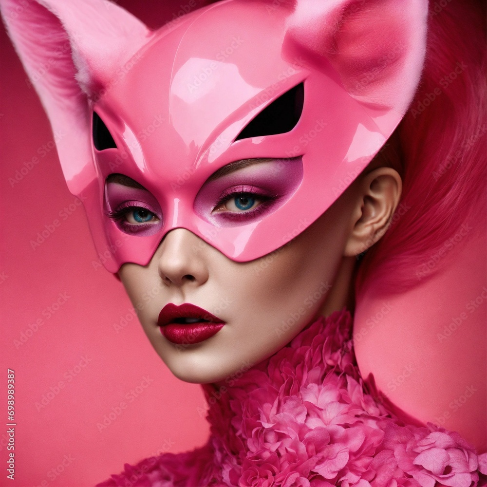 Close up portrait photography, of a gorgeous lady, wearing a pink cat woman mask
